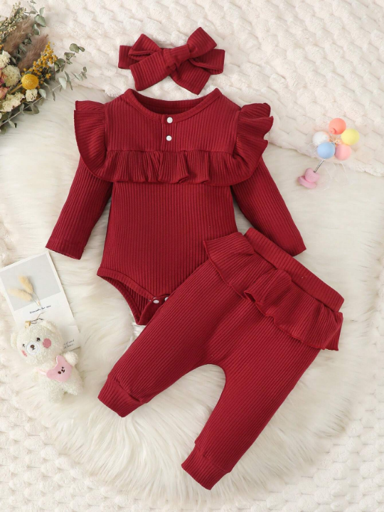 Baby Girl Ruffle Trim Bodysuit & Pants & Headband