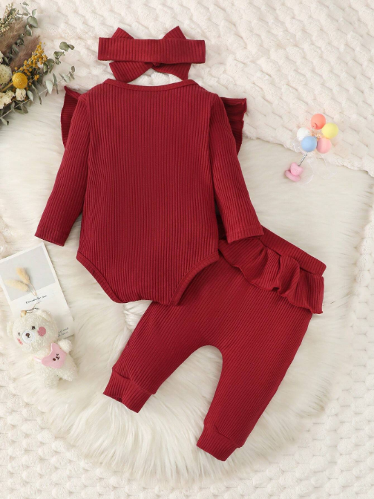 Baby Girl Ruffle Trim Bodysuit & Pants & Headband