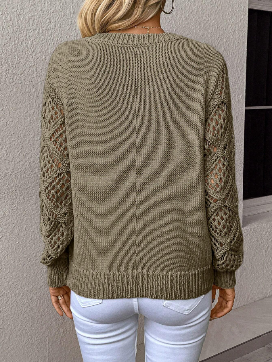 LUNE Solid V Neck Pointelle Knit Sweater