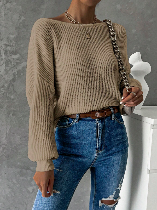 Frenchy Twist Back Batwing Sleeve Ribbed Knit Sweater