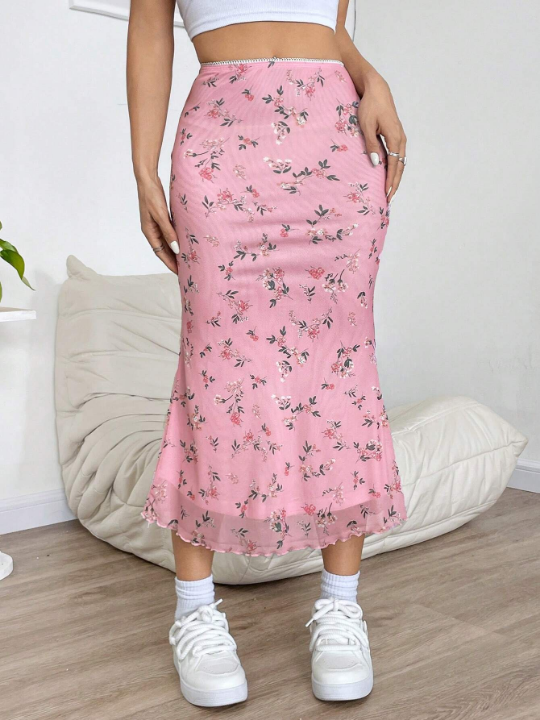 EZwear Ditsy Floral Print Lettuce Trim Mesh Overlay Skirt