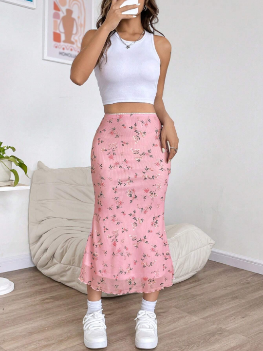 EZwear Ditsy Floral Print Lettuce Trim Mesh Overlay Skirt