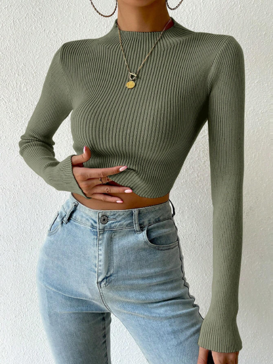 Priv Mock Neck Rib-knit Crop Sweater