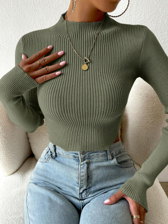 Priv Mock Neck Rib-knit Crop Sweater