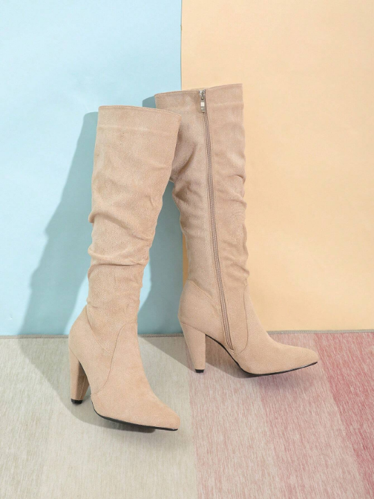 Women's Fashionable Knee-high Boots With Chunky Heels And Round Toe