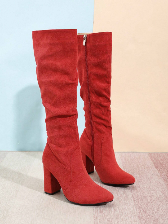 Women's Fashionable Round Toe Chunky Heel Knee High Boots