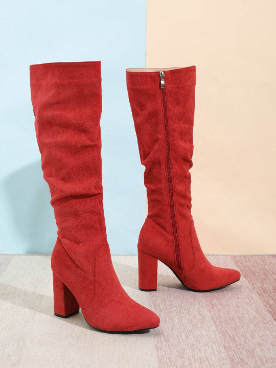 Women's Fashionable Round Toe Chunky Heel Knee High Boots