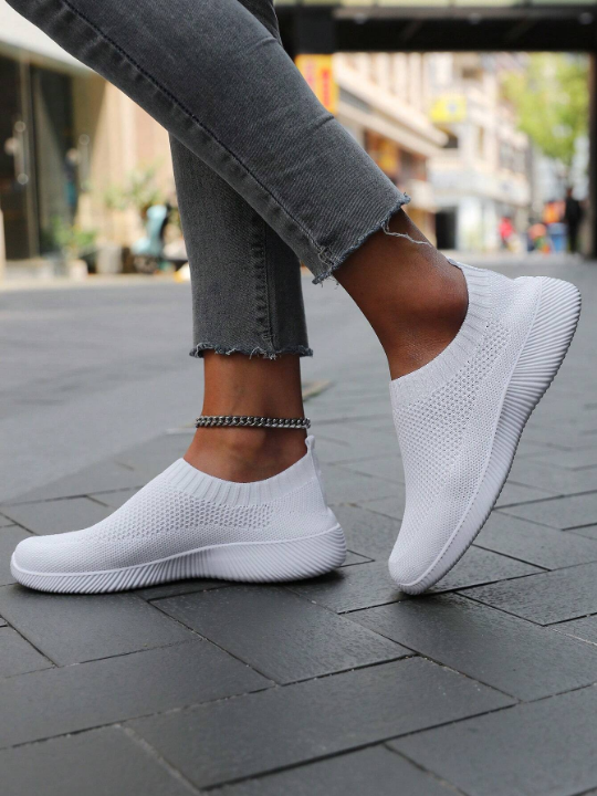 Spring/autumn Stylish & Casual White Knit Lightweight Breathable Slip-on Women's Running Shoes