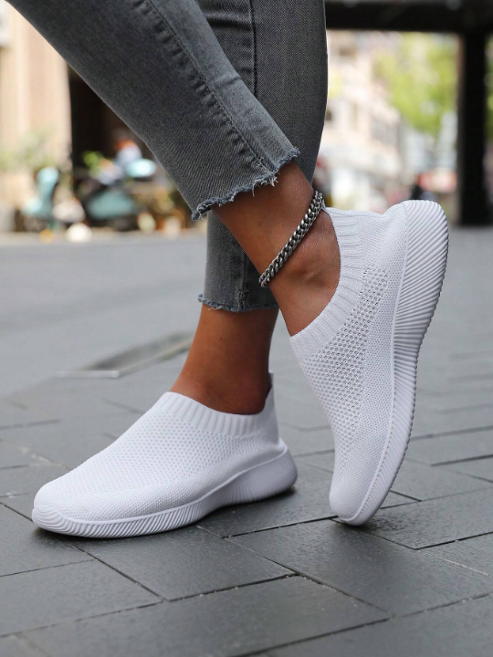 Spring/autumn Stylish & Casual White Knit Lightweight Breathable Slip-on Women's Running Shoes