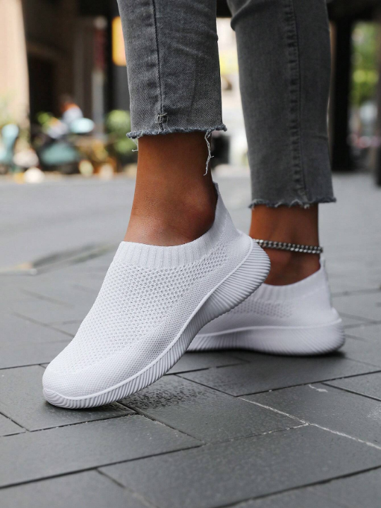 Spring/autumn Stylish & Casual White Knit Lightweight Breathable Slip-on Women's Running Shoes