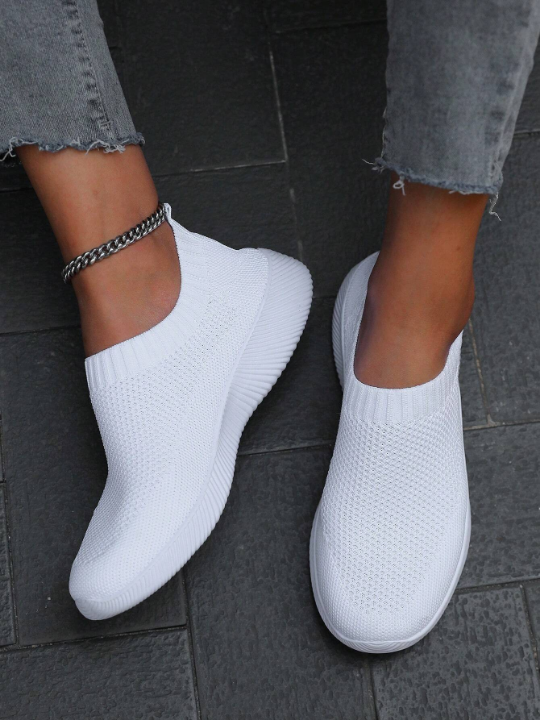 Spring/autumn Stylish & Casual White Knit Lightweight Breathable Slip-on Women's Running Shoes