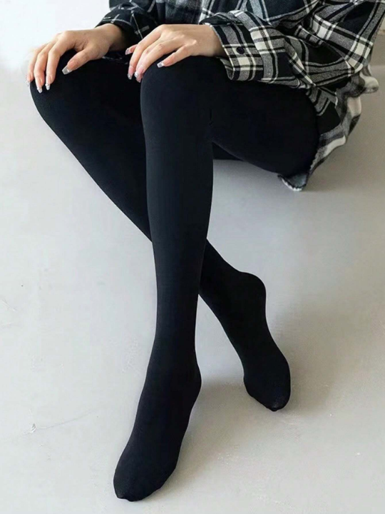 1pc Women's Winter Fleece Lined Solid Color Tights, Slim Fit Warm Leggings