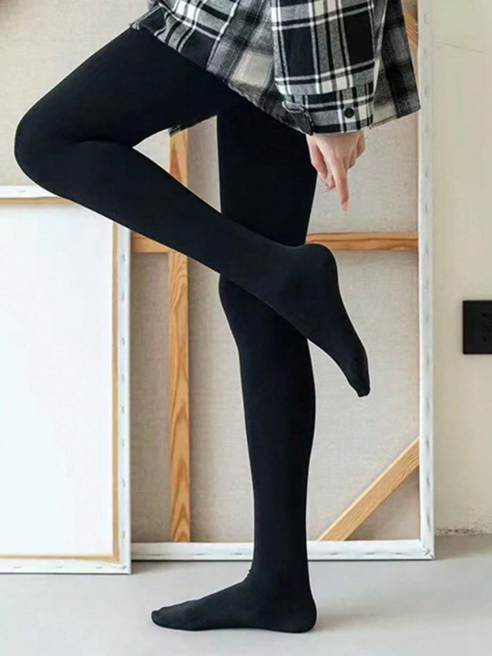 1pc Women's Winter Fleece Lined Solid Color Tights, Slim Fit Warm Leggings