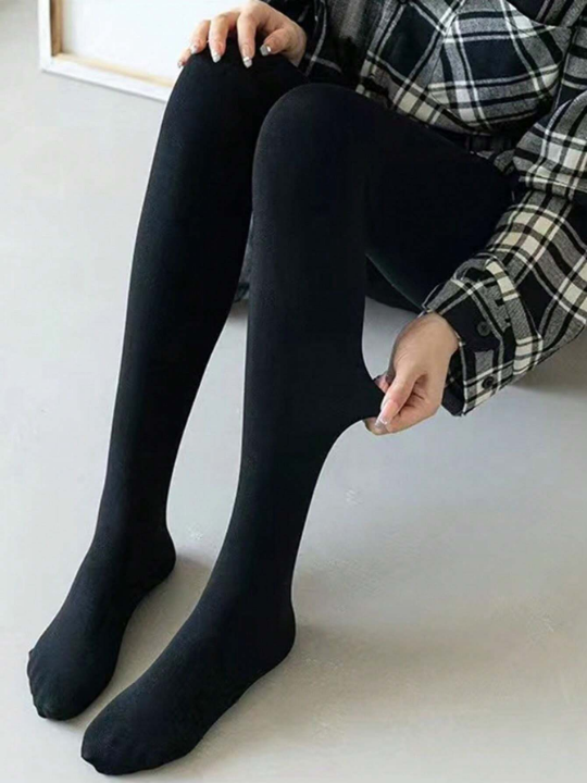 1pc Women's Winter Fleece Lined Solid Color Tights, Slim Fit Warm Leggings