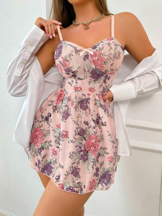 Floral Print Bow Front Mesh Slips