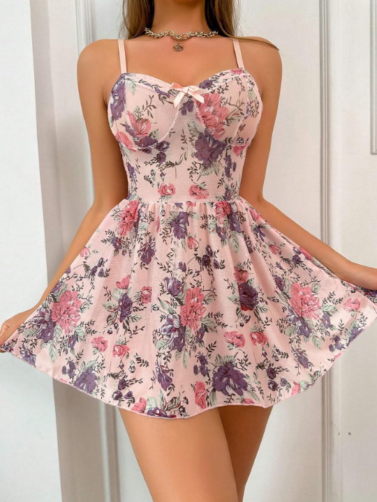 Floral Print Bow Front Mesh Slips