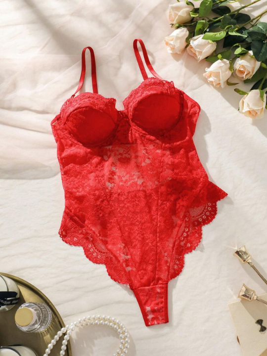 Classic Sexy Floral Lace Scallop Trim Underwire Teddy Bodysuit