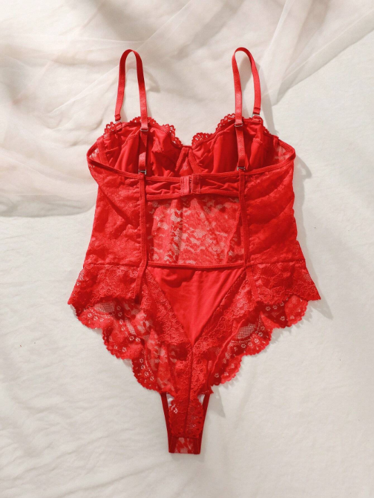 Classic Sexy Floral Lace Scallop Trim Underwire Teddy Bodysuit
