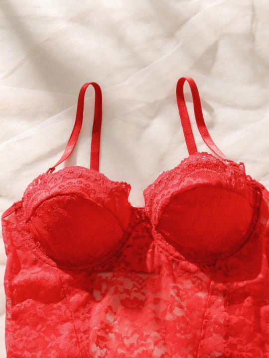 Classic Sexy Floral Lace Scallop Trim Underwire Teddy Bodysuit