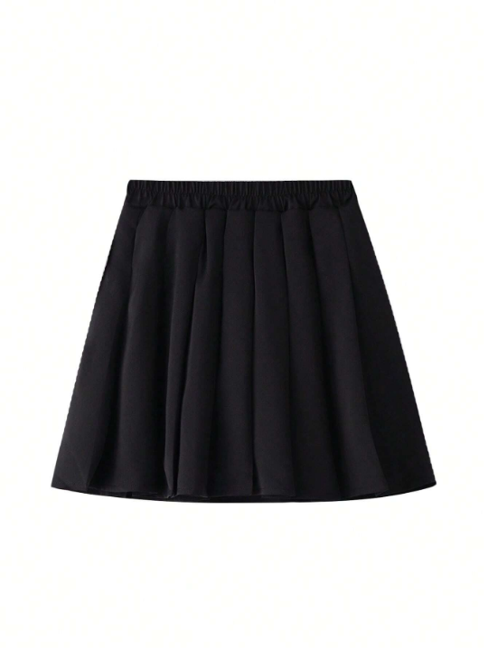 Annil Kids Girls' Summer Fashion Short Skirt, Trendy College Style Solid Color Versatile Pleated Skirt (Black)