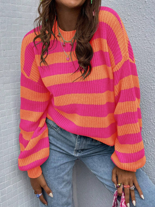 Essnce Striped Pattern Drop Shoulder Sweater