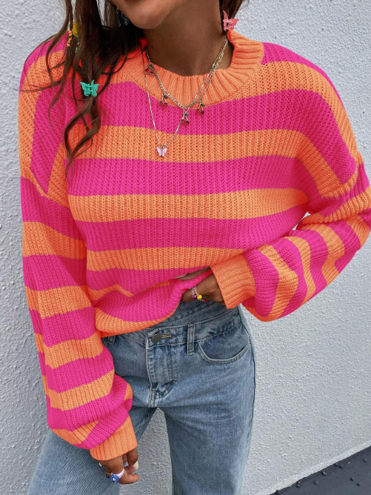 Essnce Striped Pattern Drop Shoulder Sweater