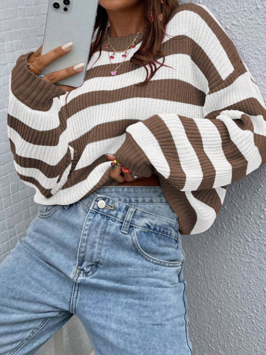 Essnce Striped Pattern Drop Shoulder Sweater