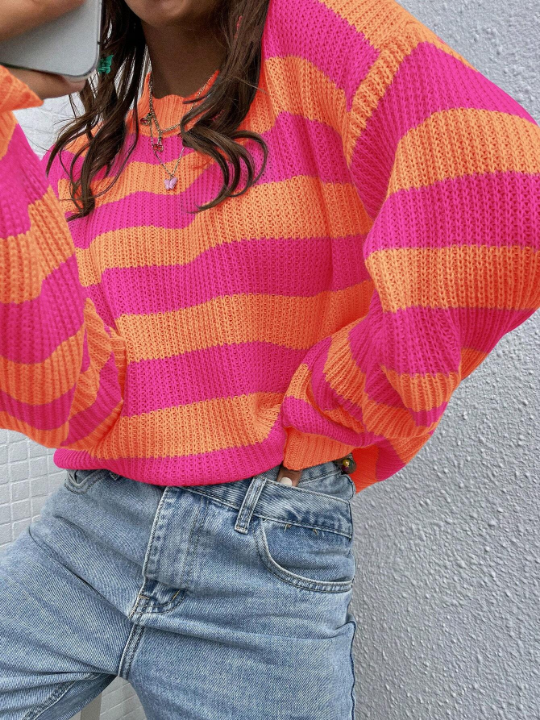 Essnce Striped Pattern Drop Shoulder Sweater