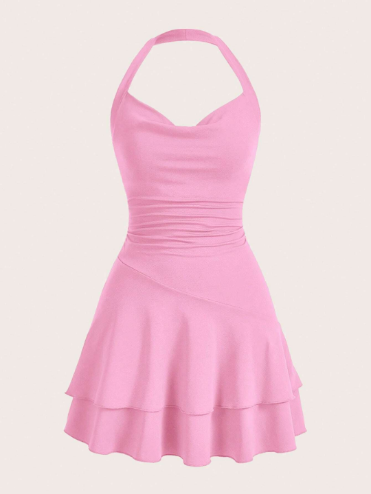 MOD Summer Going Out Pink Women's Draped Front Ruffle Hem Halter Neck Backless Dress