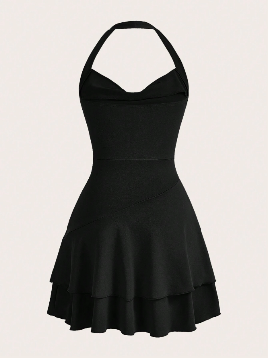 MOD Draped Collar Solid Ruched Layered Ruffle Hem Halter Neck Black Mini Dress