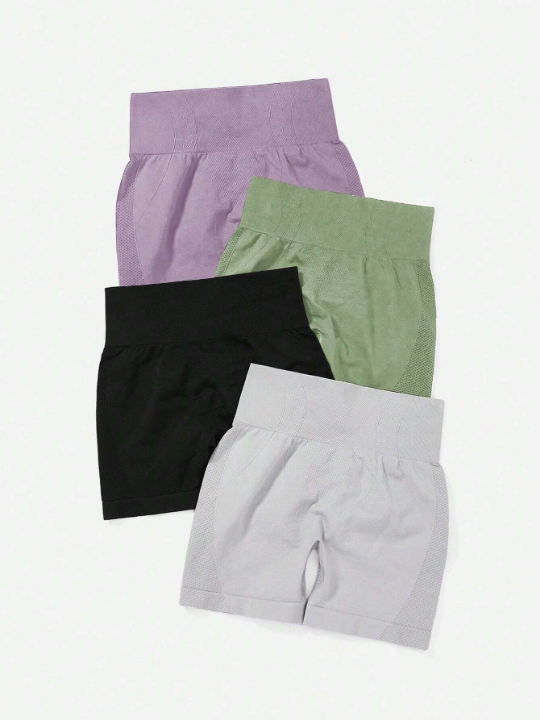 4pcs Seamless  High Stretch Solid Wideband Waist Sports Shorts