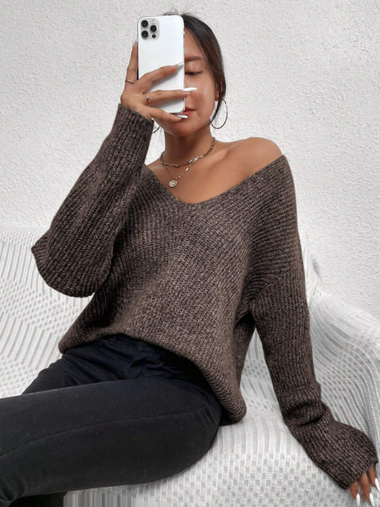 Frenchy V Neck Drop Shoulder Ribbed Knit Sweater