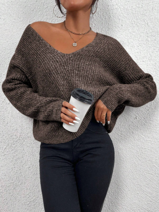 Frenchy V Neck Drop Shoulder Ribbed Knit Sweater