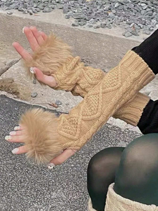 Y2k Fashion Plush Knitted Half Finger Gloves
