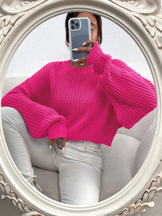 Frenchy Solid Ribbed Knit Drop Shoulder Sweater