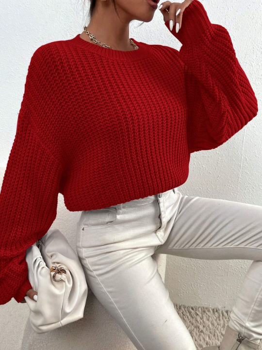 Frenchy Solid Ribbed Knit Drop Shoulder Sweater