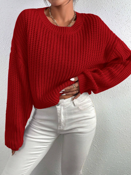 Frenchy Solid Ribbed Knit Drop Shoulder Sweater