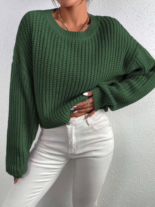 Frenchy Solid Ribbed Knit Drop Shoulder Sweater