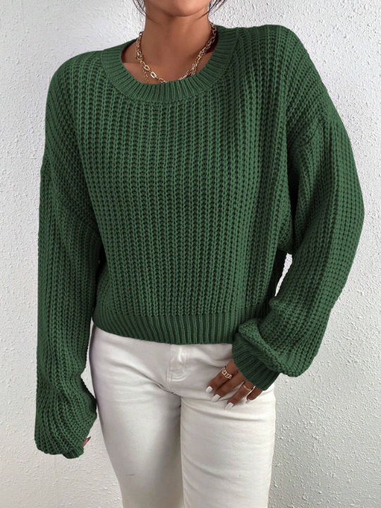 Frenchy Solid Ribbed Knit Drop Shoulder Sweater