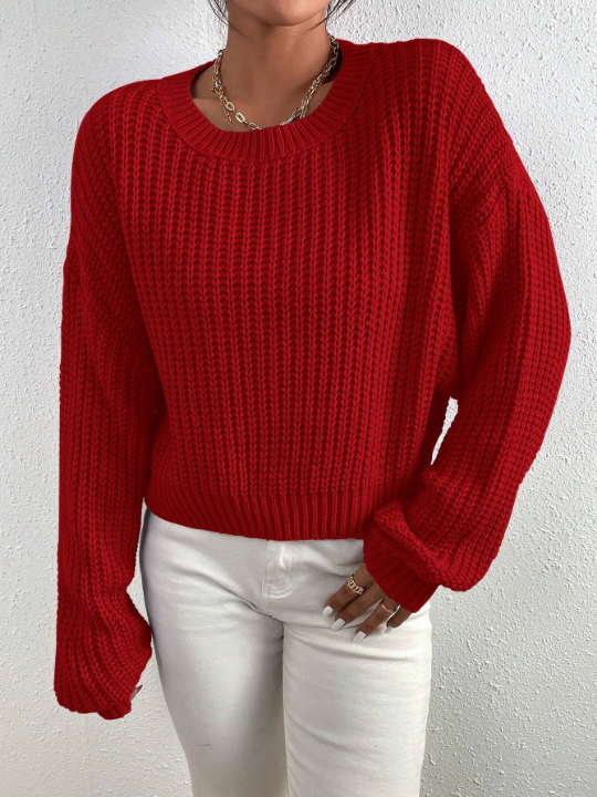 Frenchy Solid Ribbed Knit Drop Shoulder Sweater