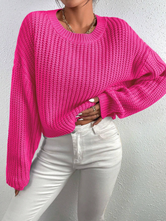 Frenchy Solid Ribbed Knit Drop Shoulder Sweater