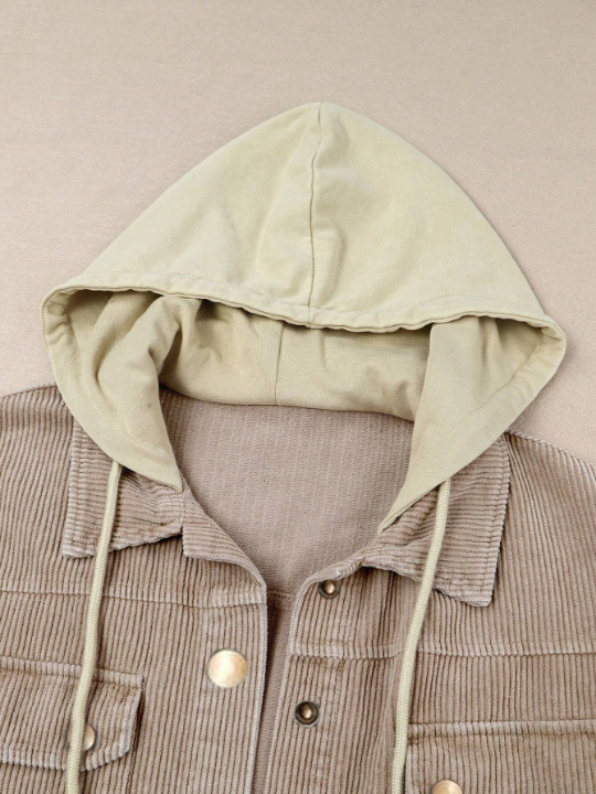 DOKOTOO Flap Pocket Drop Shoulder Raw Hem Drawstring Hooded Corduroy Coat