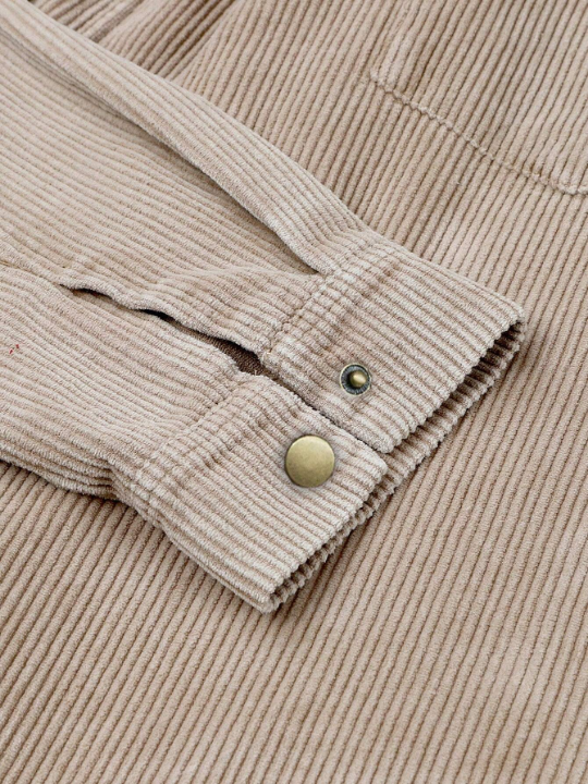 DOKOTOO Flap Pocket Drop Shoulder Raw Hem Drawstring Hooded Corduroy Coat