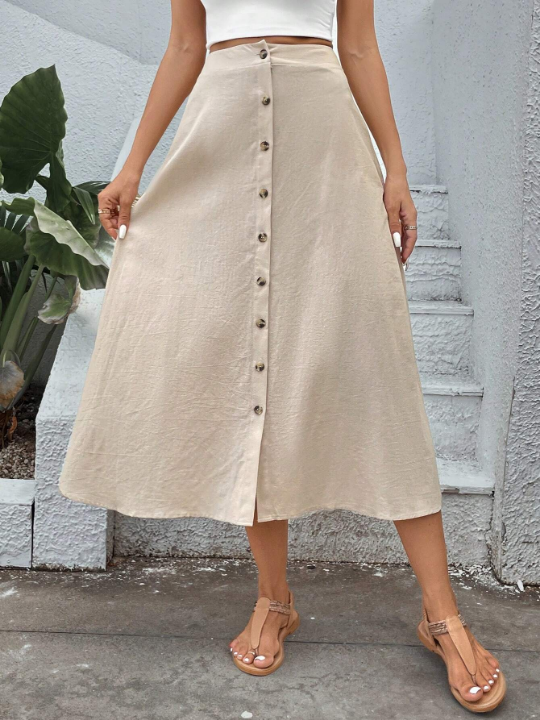 VCAY Button Front Flare Skirt