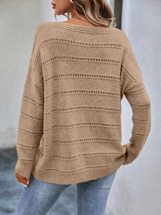 LUNE Boat Neck Pointelle Knit Drop Shoulder Sweater