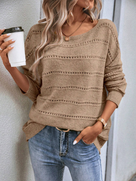 LUNE Boat Neck Pointelle Knit Drop Shoulder Sweater