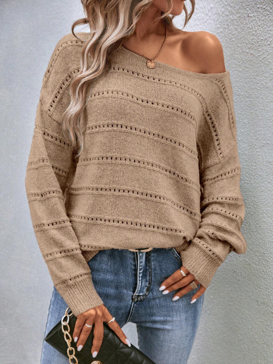 LUNE Boat Neck Pointelle Knit Drop Shoulder Sweater