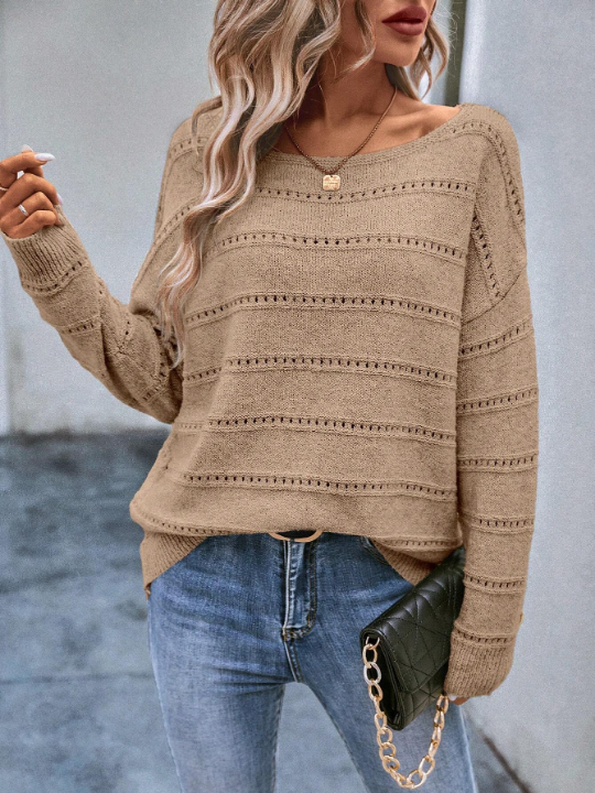 LUNE Boat Neck Pointelle Knit Drop Shoulder Sweater