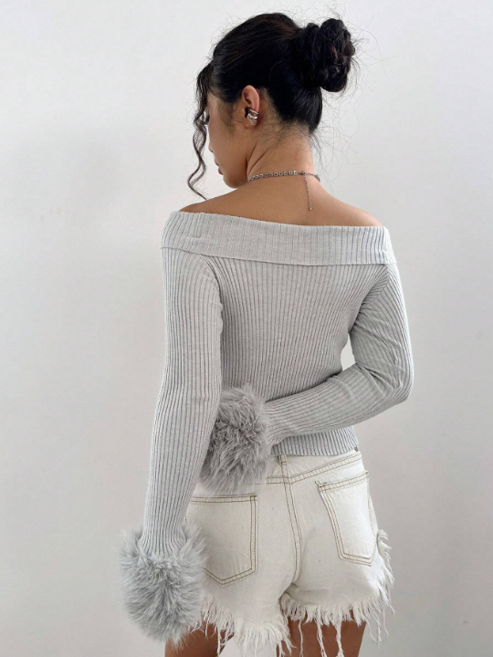 ICON Off Shoulder Fuzzy Cuff Crop Sweater