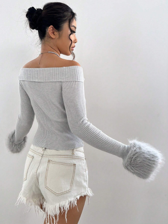 ICON Off Shoulder Fuzzy Cuff Crop Sweater